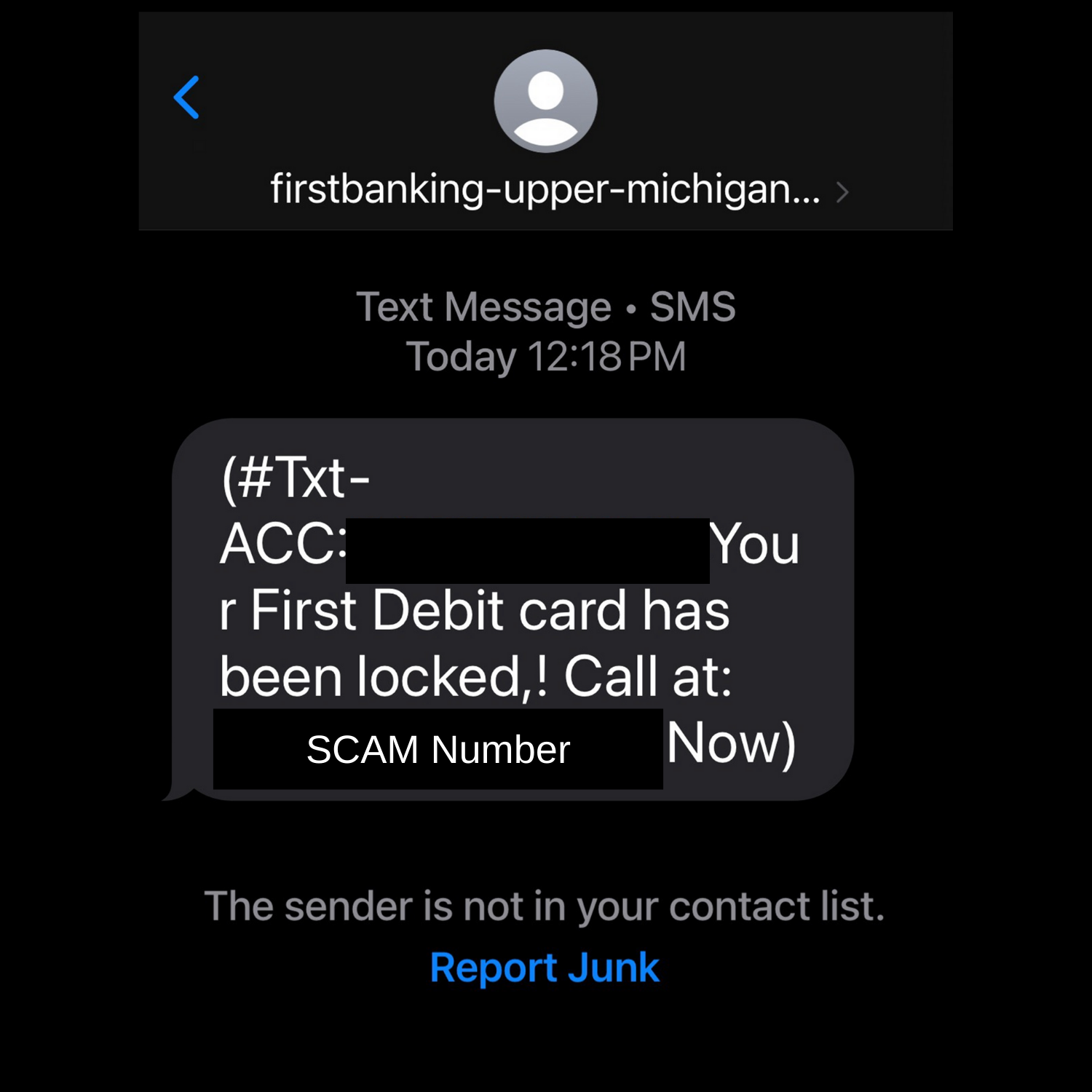 Scam Text Message Claiming To Be From First Bank Upper Michigan Saying That First Debit card has been locked